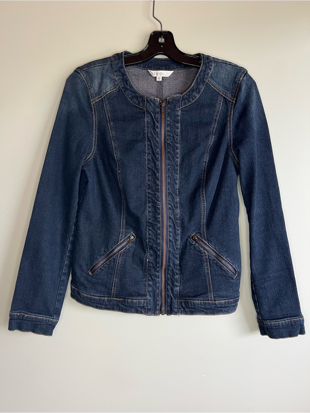 Cleo Denim Jacket Womens XS Dark Wash Zip Front Stretch Fitted